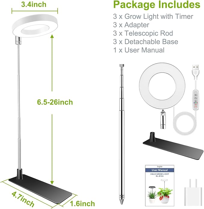 Kullsinss Grow Lights for Indoor Plants, 48 LEDs Full Spectrum Halo Plant Light for Indoor Plants, Height Adjustable Growing Lamp with Detachable Base, 3/9/12Hrs Timer, 10 Brightness, 3-Pack