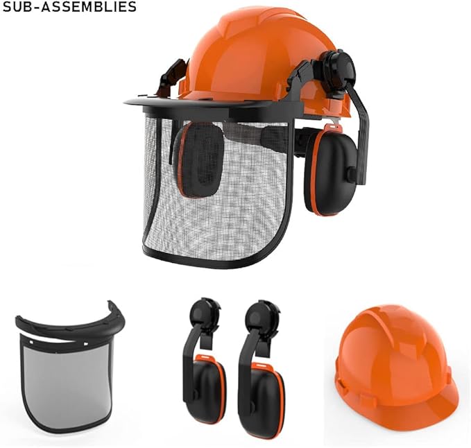 GardenPal Industrial Forestry Safety Helmet and Hearing Protection System, with Mesh Face Protection, Safety Helmet with Ear Muffs, Chainsaw Helmet, Chainsaw Face Shield, (Orange)