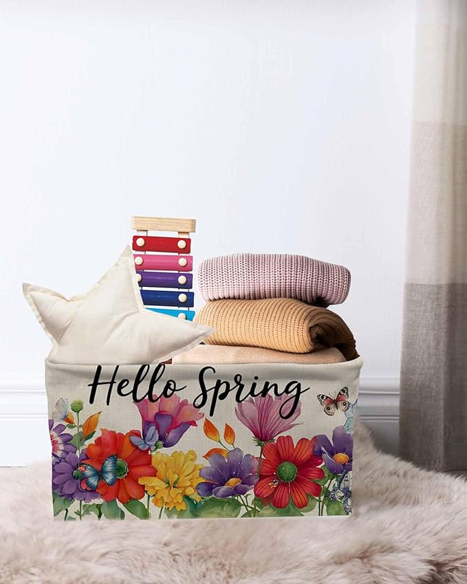 Spring Flowers Storage Bins Cubes Waterproof Cloth Storage Basket,Farmhouse Vintage Country Colorful Floral Foldable Storage Bags for Shelf Clothes Storages Organizers with Handles 15x11x9.5 in 2PCS