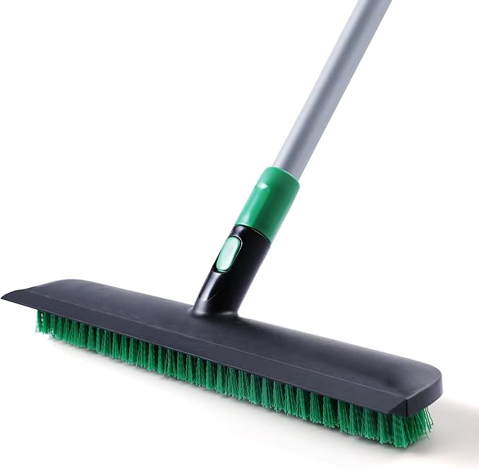 Eyliden Floor Scrub Brush with Long Handle, 15-inch Wide Deck Brush, 2in1 Floor Scrubber with Stiff Bristles and Rubber Squeegee for Bathroom, Shower, Kitchen, Patio, Garage, Telescoping Steel Handle
