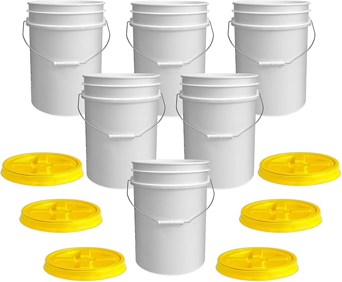 ePackageSupply 5 Gallon Bucket - Food Grade Bucket with Airtight Gamma Seal Screw-On Lid, BPA-Free, Heavy-Duty 90 Mil HDPE Plastic, Bulk Storage, Durable Container, Made in USA, White/Yellow, 6 Packs