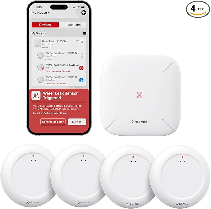 X-Sense Wi-Fi Water Leak Detector Kit, Smart Water Sensor Alarm with App Alerts and Ultra-Slim Design, Water Alarm Leak Detector for Basements, 4 Water Sensors and 1 Base Station, Model SWS0A41