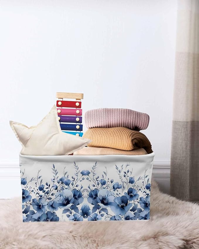 Blue Blooms Floral Storage Bins Cubes Waterproof Cloth Storage Basket,Farmhouse Spring Flowers Botanical Foldable Storage Bags for Shelf Clothes Storages Organizers with Handles 15x11x9.5 in 2PCS
