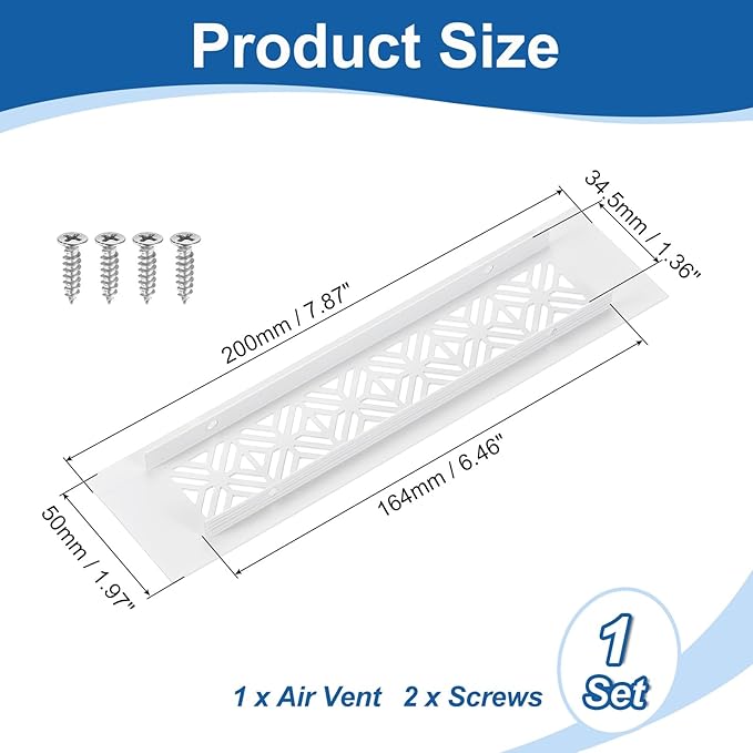 uxcell Aluminum Alloy Air Vents, 200 x 50mm / 7.9 x 2" Rectangle Louvered Ventilation Grille Cover with Mounting Screws for Door Cabinet Wardrobe, White