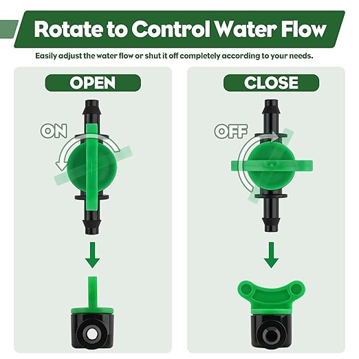 Kalolary 1/4" Drip Irrigation Valves, 30PCS Drip Line Barbed Valves Fittings Garden Shut Off Switch Valve for 4/7mm Tube Water Flow Control Drip Line Parts Cut Off Valve for Watering System (Green)