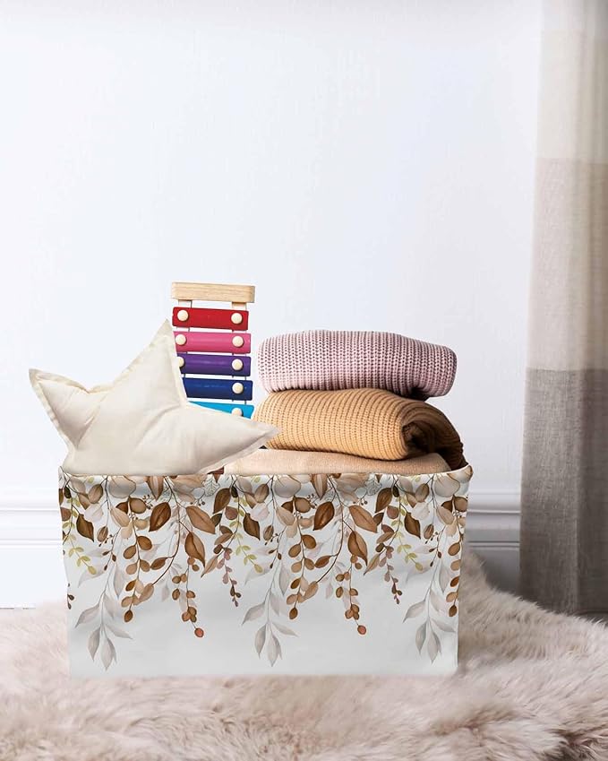Orange Brown Eucalyptus Storage Bins Cubes Waterproof Cloth Storage Basket,Watercolor Spring Weeping Botanical Foldable Storage Bags for Shelf Storages Organizers with Handles 15x11x9.5 in 2PCS