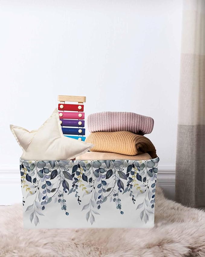 Blue Grey Eucalyptus Storage Bins Cubes Waterproof Cloth Storage Basket,Watercolor Spring Weeping Botanical Foldable Storage Bags for Shelf Clothes Storages Organizers with Handles 15x11x9.5 in 2PCS