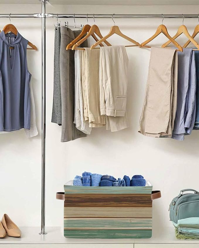 Teal Brown Storage Bins Cubes Waterproof Cloth Storage Basket, Farmhouse Rustic Wooden Plank Board Foldable Storage Bags for Shelf Closet Clothes Storage Organizers with Handles 15x11x9.5 in 1PCS