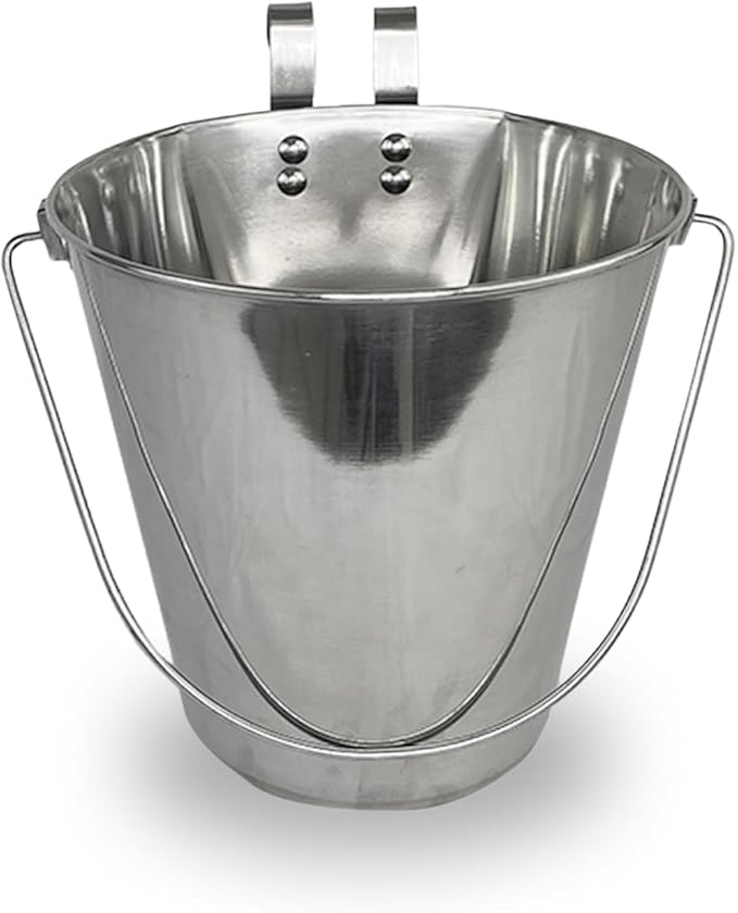 9 Quart Stainless Steel Bucket with Dual Hook | Perfectly Fits on Kennels, Cages and Critter Crates | Heavy Duty Bucket for Pets Cleaning & Food Prep - Flat Sided Pail