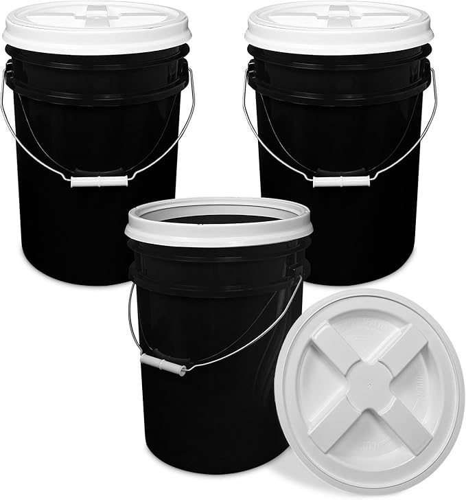 ePackageSupply 5 Gallon Bucket - Food Grade Bucket with Airtight Gamma Seal Screw-On Lid, BPA-Free, Heavy-Duty 90 Mil HDPE Plastic, Bulk Storage, Durable Container, Made in USA, Black/White, 3 Packs