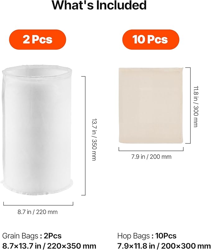 VEVOR Brew Bags, 2 PCS Food Grade Nylon Material Grain Bag, 10 PCS Natural Cotton-Linen Hop Bag, Easy to Clean, Reusable & Ultra-Fine Mesh Home Brewing Bags, Only for Our Automatic Beer Brewer