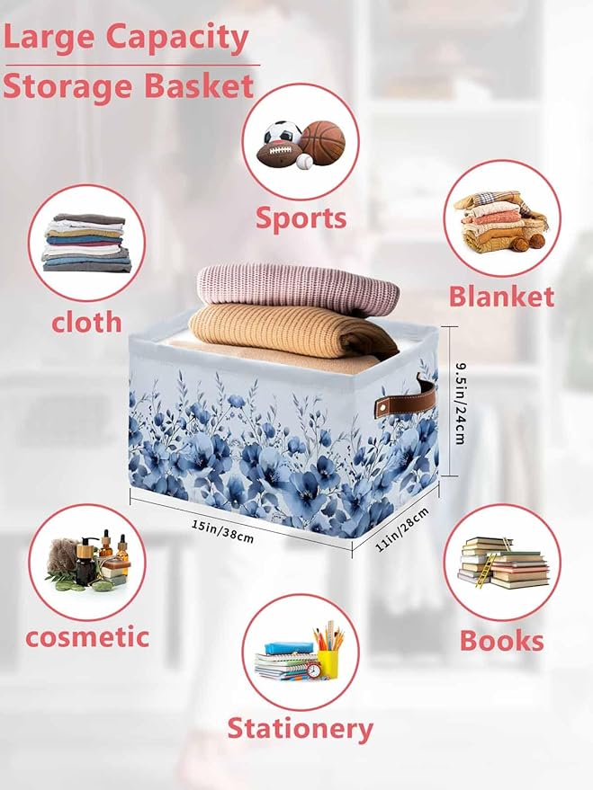 Blue Blooms Floral Storage Bins Cubes Waterproof Cloth Storage Basket,Spring Flowers Botanical Blue Ombre Foldable Storage Bags for Shelf Clothes Storages Organizers with Handles 15x11x9.5 in 2PCS