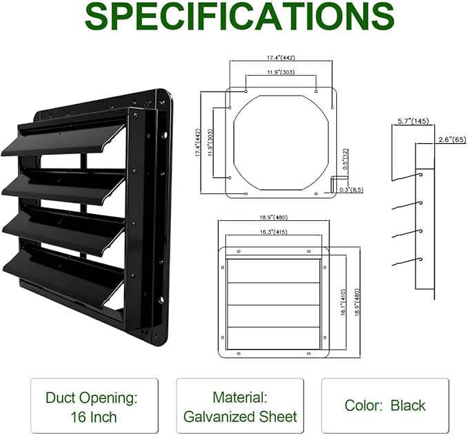 Galvanized Sheet Automatic Exhaust Louver Vent (Fan Blades and Motor Not Included) for Residential Attics, Workshops, Barns, Greenhouses (16inch)