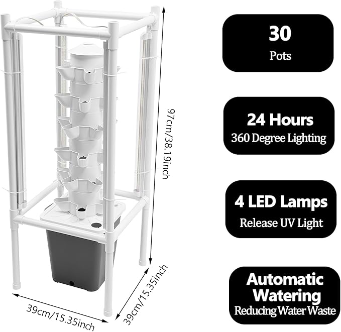 30-Plant Hydroponics Tower Garden Vertical Growing System Kit, Indoor Garden Planter Herb Garden with LED Grow Light and Water Pump, Vertical Planter Germination Kit for Herbs, Fruits and Vegetables