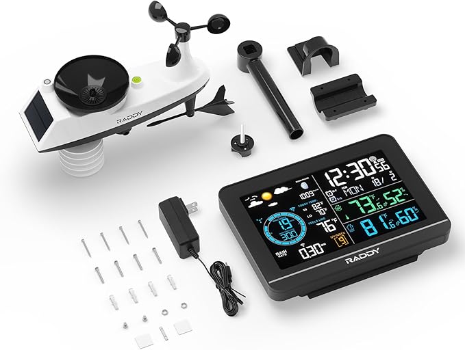 Raddy UV-6 Professional Weather Station with 6" VA Display and Outdoor Sensor, Wireless Indoor Outdoor Temperature & Humidity Monitor, Atomic Clock, UV & Light Index, Wind Speed, Rain Gauge