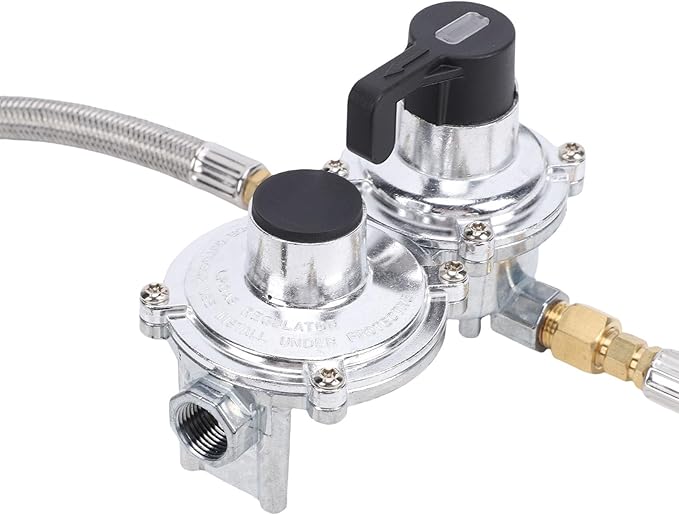 RV Gas Regulator, 2 Stage Auto Changeover LP Gas Regulator with Pressure Meter and 18in Hose, for RVs Trailers Trucks