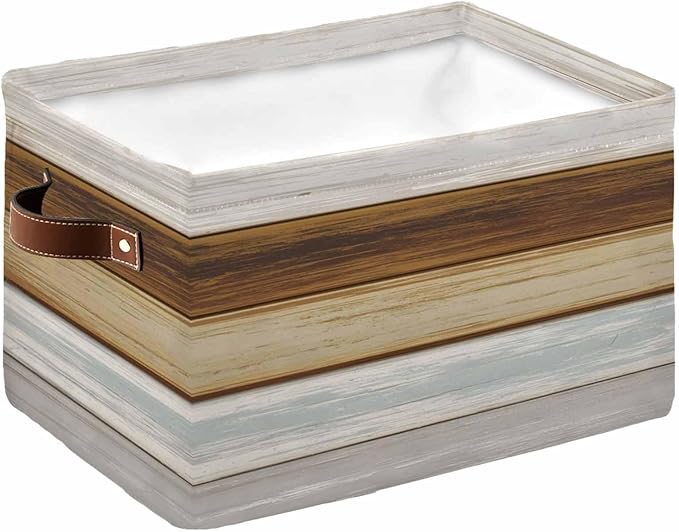 Vintage Brown Wood Storage Bins Cubes Waterproof Cloth Storage Basket, Farmhouse Wooden Plank Rustic Foldable Storage Bags for Shelf Closet Clothes Storage Organizers with Handles 15x11x9.5 in 1PCS