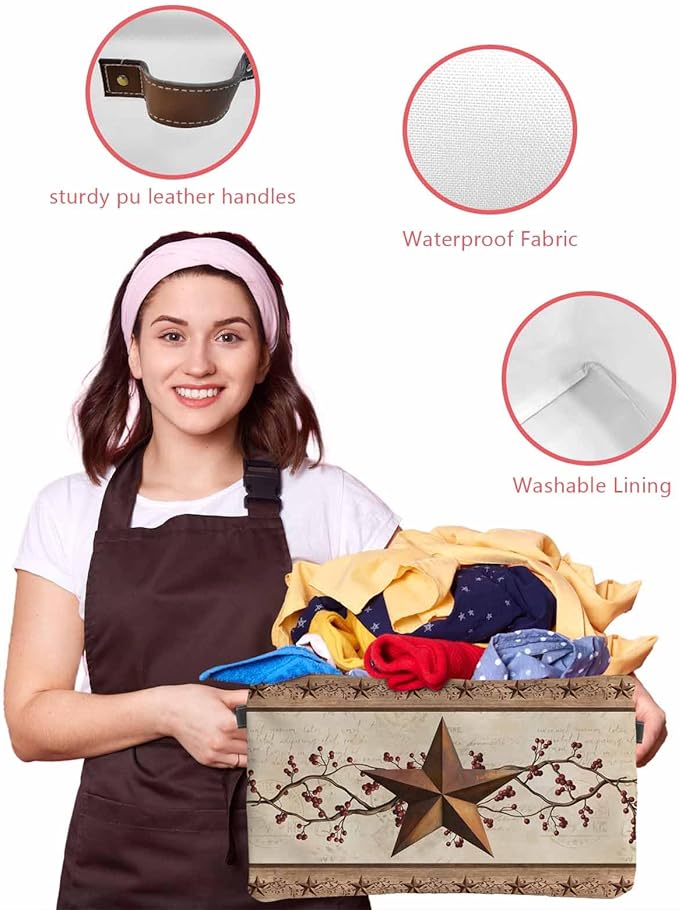 Farmhouse Texas Star Brown Storage Bins Cubes Waterproof Cloth Storage Basket, Berry Vintage Wooden Foldable Storage Bags for Shelf Closet Clothes Storages Organizers with Handles 15x11x9.5 in 1PCS