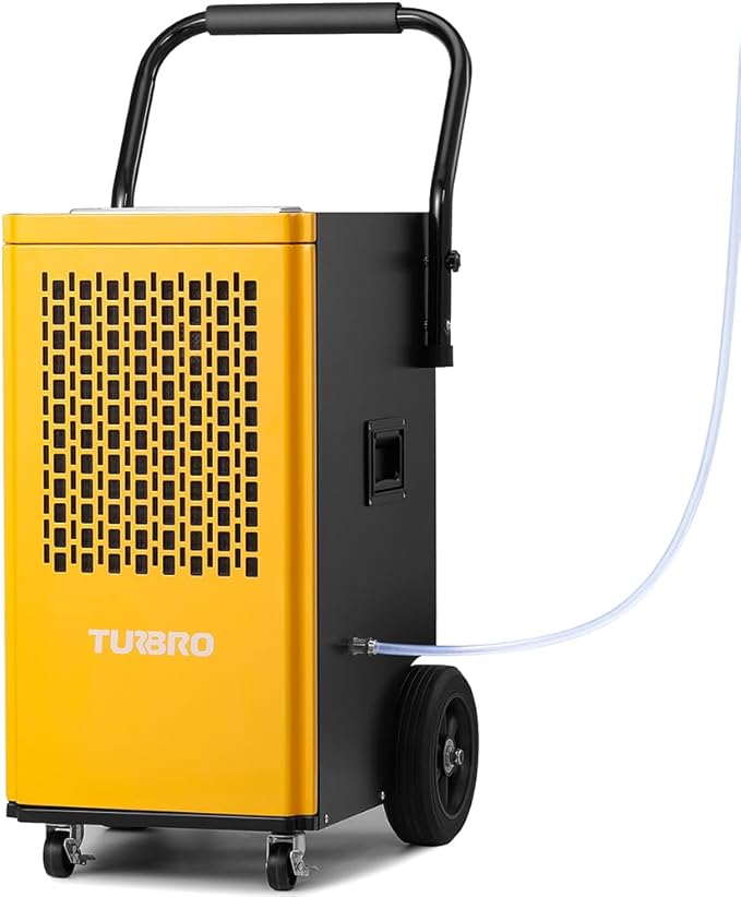 TURBRO 165 Pint Commercial Dehumidifier with Pump, Drain Hose, Industrial Dehumidifier for Large Spaces up to 7,500 Sq. Ft., Rolling Wheels, Faster Defrost, for Basement, Warehouse, Flood Restoration