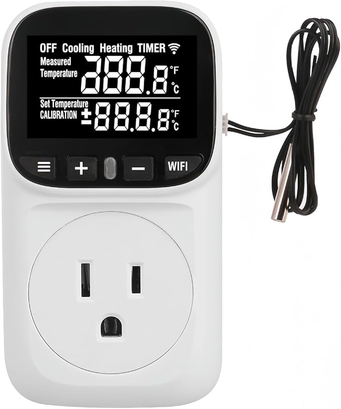 WiFi Digital Temperature Controller, Plug in Thermostat Outlet with Duration Timer & Smart Memory, -40℉~212℉, 16A/1800W, IP67 Waterproof Probe for Incubator, Homebrew, Reptile.