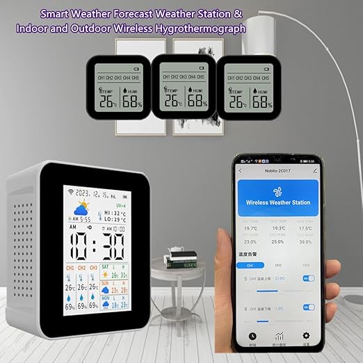 Weather Stations Wireless Indoor Outdoor Thermometer Alarm & Smart WiFi Weather Forecast Next 3 Days with Phone App Temperature & Humidity Monitor with 3 sensors Store 1 Year's Data. (2CO17-3)