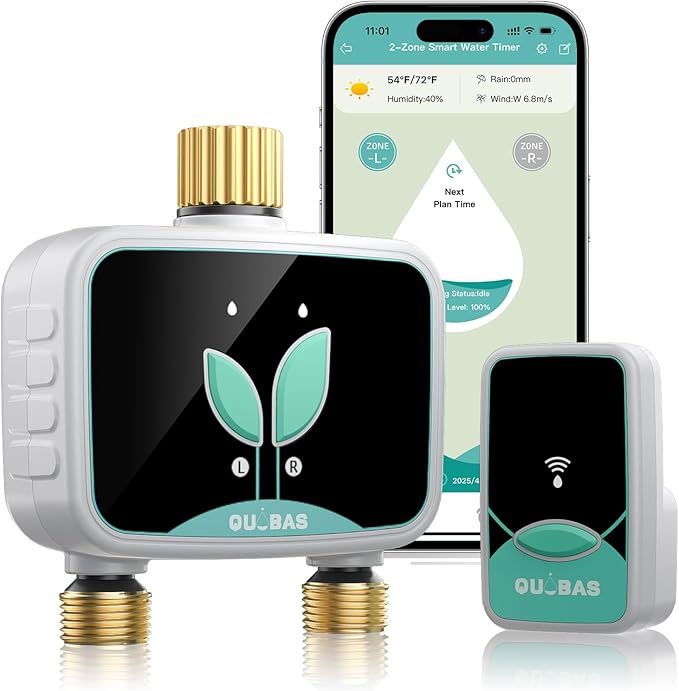 QUOBAS Smart WiFi Water Timer for Garden Hose, 2 Zone Brass Sprinkler Timer with App Control & Rain Delay/Auto/Manual 3 Modes for Drip Irrigation, Pool & Lawn, Battery Powered, 2.4GHz WiFi Only