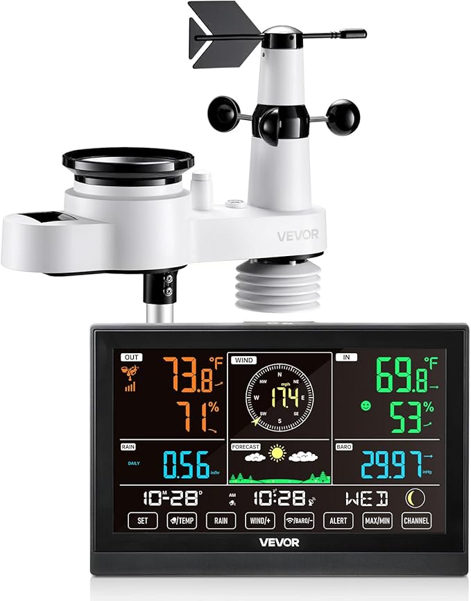 VEVOR 5-in-1 Wireless Weather Station, 7.5-Inch VA Display, Solar Powered Outdoor Sensor, Rain Gauge, Indoor Outdoor for Weather Forecast, Temperature, Humidity, Wind Speed and Direction (No WiFi)