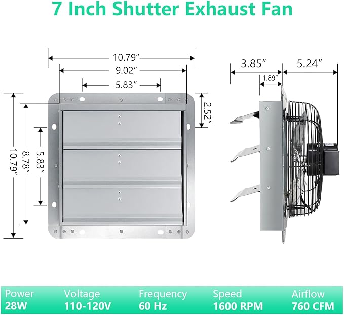 Shutter Exhaust Fan,7 inch Wall Mount Vent Fan with ON/OFF Switch,1600 RPM,760 CFM Attic Ventilator Fan for Greenhouse, Gable, Barn, Garage, Shed,Chicken Coops Ventilation Fans