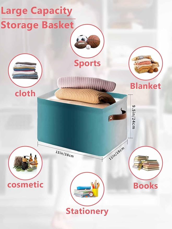 Turquoise Grey Ombre Storage Bins Cubes Waterproof Cloth Storage Basket, Farmhouse Gradient Minimalist Foldable Storage Bags for Shelf Closet Clothes Storages Organizers with Handles 15x11x9.5 in 2PCS