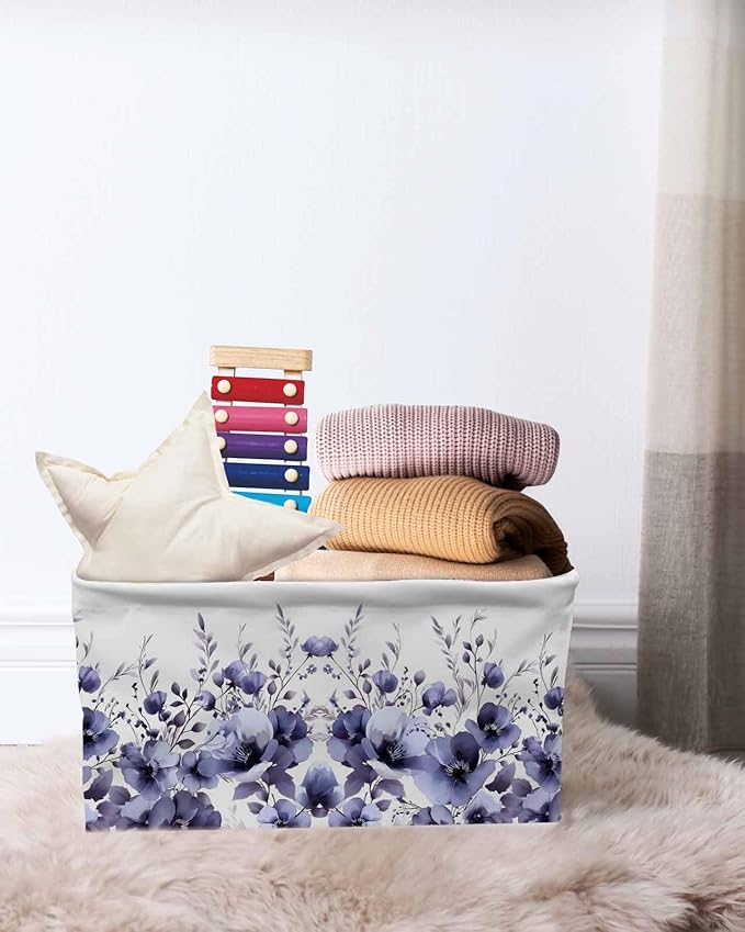 Purple Blooms Floral Storage Bins Cubes Waterproof Cloth Storage Basket,Farmhouse Spring Flowers Botanical Foldable Storage Bags for Shelf Clothes Storages Organizers with Handles 15x11x9.5 in 2PCS