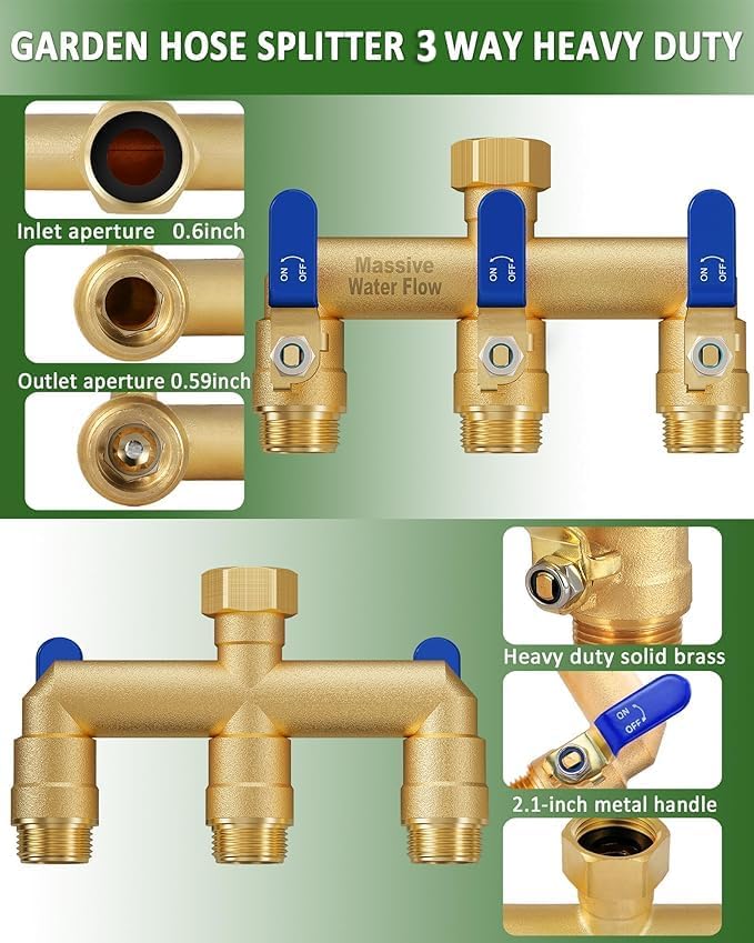 3 Way Hose Splitter, Heavy Duty Full Flow Garden Water Hose Bib Spigot Splitter, Brass Rust and Freeze Resistant Outdoor Faucet Splitter, T Adapter Connector with 3/4 - Inch GHT Thread （Blue）