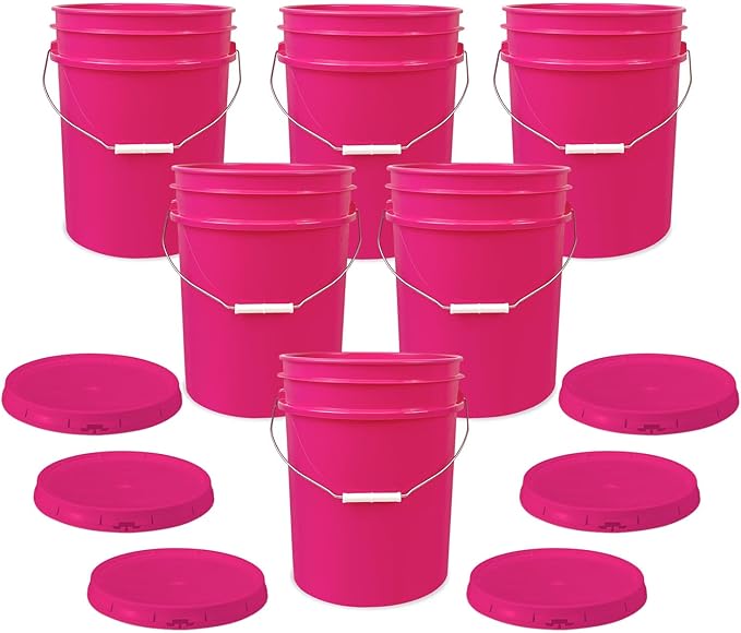 ePackageSupply 5 Gallon Bucket - Food Grade Bucket with Airtight Gasketed Tear Strip Lid, BPA-Free, Heavy-Duty 90 Mil HDPE Plastic Pail, Bulk Storage, Durable Container, Made in USA - Pink, 6 Packs