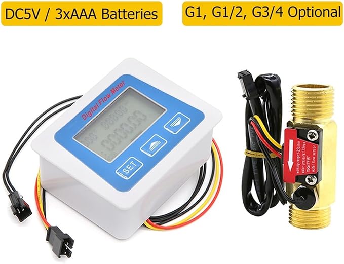 Digital Water Flow Meter Set Smart LCD Flow Rate Monitor Sensor with Temperature Display G1 G1/2 G3/4 Low Repeatability(Battery Supply)