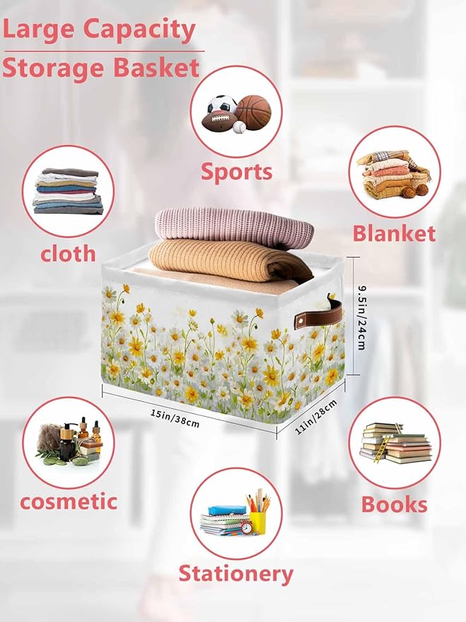 Yellow White Daisy Storage Bins Cubes Waterproof Cloth Storage Basket, Farmhouse Garden Flowers Blossom Foldable Storage Bags for Shelf Closet Clothes Organizers with Handles 15x11x9.5 in 1PCS