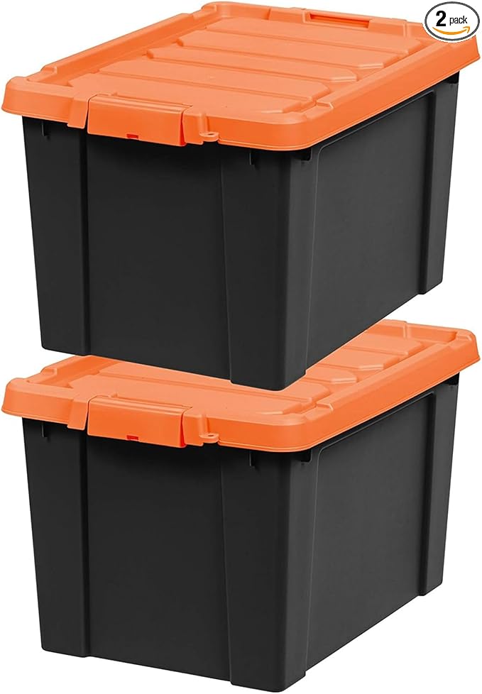IRIS USA 20 Gallon Lockable Storage Bins with Lids, 2 Pack - Made in USA, Heavy Duty, Stackable Containers, Garage Organizing Bins Moving Tubs, Rugged Sturdy Equipment Utility Box - Black/Orange