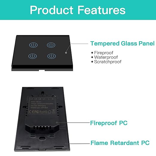 BSEED Smart Light Switches, 4 Gang Alexa WiFi Switch with Smart Life App Control and Timer Function, Black Touch Single Pole Switch Compatible with Alexa and Google Assistant