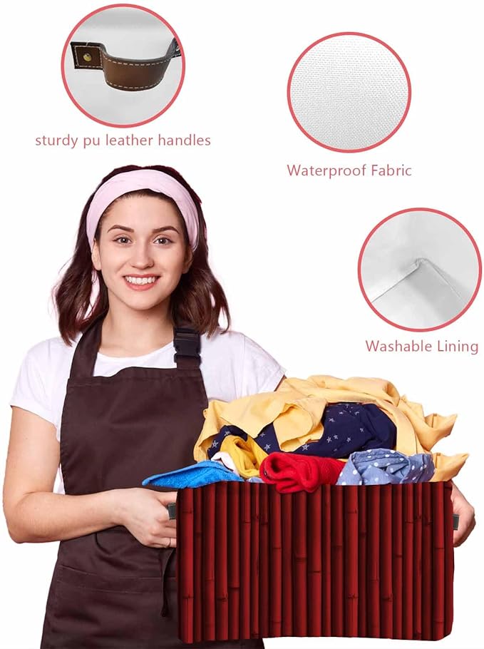 Red Plants Texture Storage Bins Cubes Waterproof Cloth Storage Basket, Vintage Country Trees Pattern Foldable Storage Bags for Shelf Closet Clothes Storages Organizers with Handles 15x11x9.5 in 2PCS