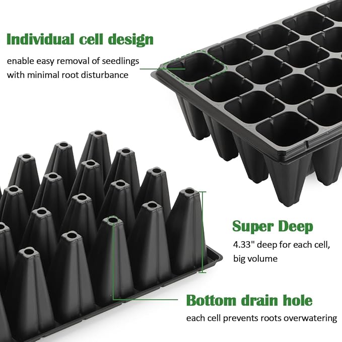 RooTrimmer 10 Pack 32 Cell Seed Starter Trays - Extra Deep 4.33" Plastic Nursery Trays, 20" x 10"，Fits Standard 1020 Flats