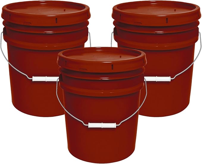 MKS Plastics 5-Gallon Bucket with Airtight Lid – Made in USA, Food Grade BPA Free Plastic, Heavy Duty Multi-Use, Metal Handle with Grip, Stackable Storage – Burgundy, 3 Pack