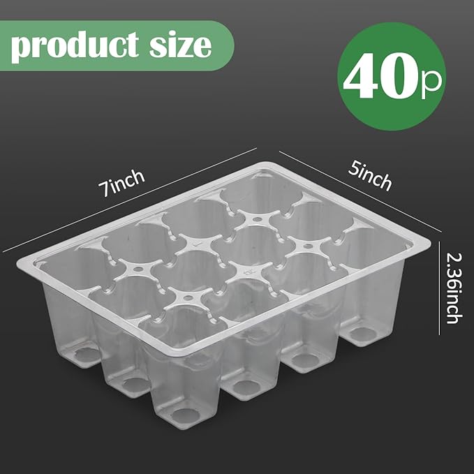 RooTrimmer 40 Pack Reusable 12-Cell Clear Seed Starter Trays - Extra Large Drainage Holes, Easy to Repotted, Clear Transparent Tray for Root Observation, Seed Starting, Fits 1020 Flats and TD377 Trays