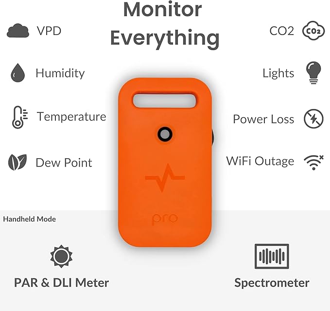 Pulse Pro - Smart Grow Room Monitor - CO2, PAR, VPD, RH, Temperature (°F/°C), Dew Point, Light - iOS, Android, Apple, Windows, Works on 2.4 Ghz WiFi Networks