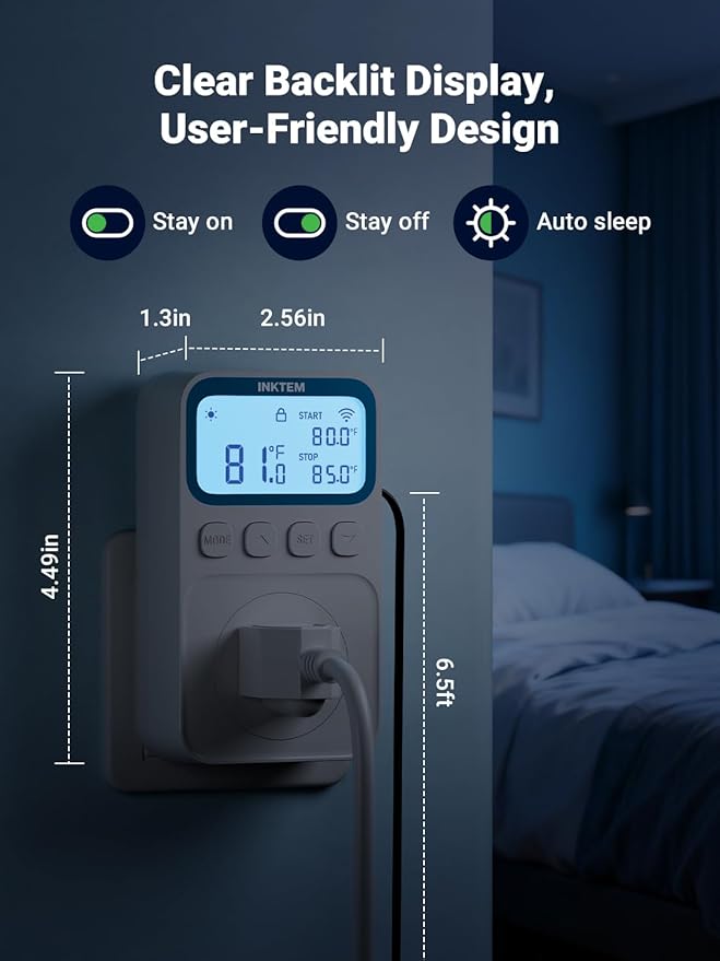 WiFi Plug in Thermostat Outlet, Temperature Controlled Outlet with Smart APP, Timer & Memory Digital Temp Controller -40~212℉, IP67 Waterproof Probe for Incubator Homebrew Reptile Space Heater