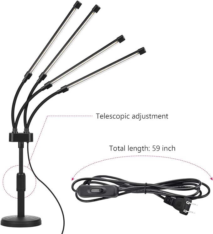 Grow Lights for Indoor Plants, Four Head LED Grow Light with Full Spectrum, Red White Spectrum for Indoor Plant Lamp, Adjustable Gooseneck, Suitable for Vegetation