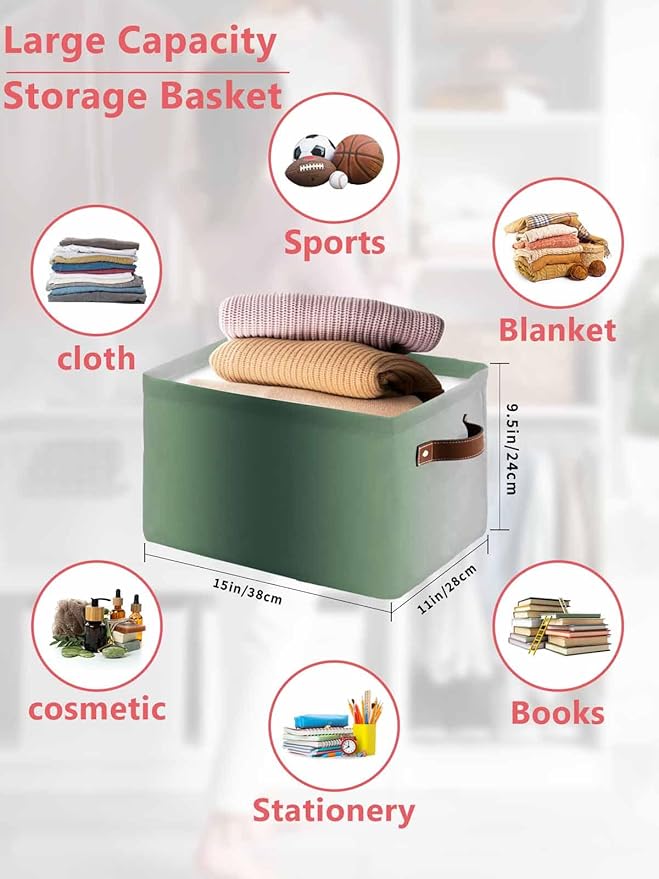 Green Grey Ombre Storage Bins Cubes Waterproof Cloth Storage Basket, Farmhouse Gradient Minimalist Foldable Storage Bags for Shelf Closet Clothes Storages Organizers with Handles 15x11x9.5 in 2PCS