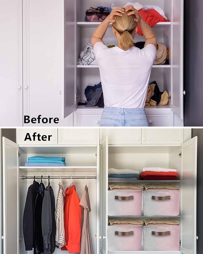 Pink Grey Ombre Storage Bins Cubes Waterproof Cloth Storage Basket, Farmhouse Gradient Minimalist Foldable Storage Bags for Shelf Closet Clothes Storages Organizers with Handles 15x11x9.5 in 2PCS