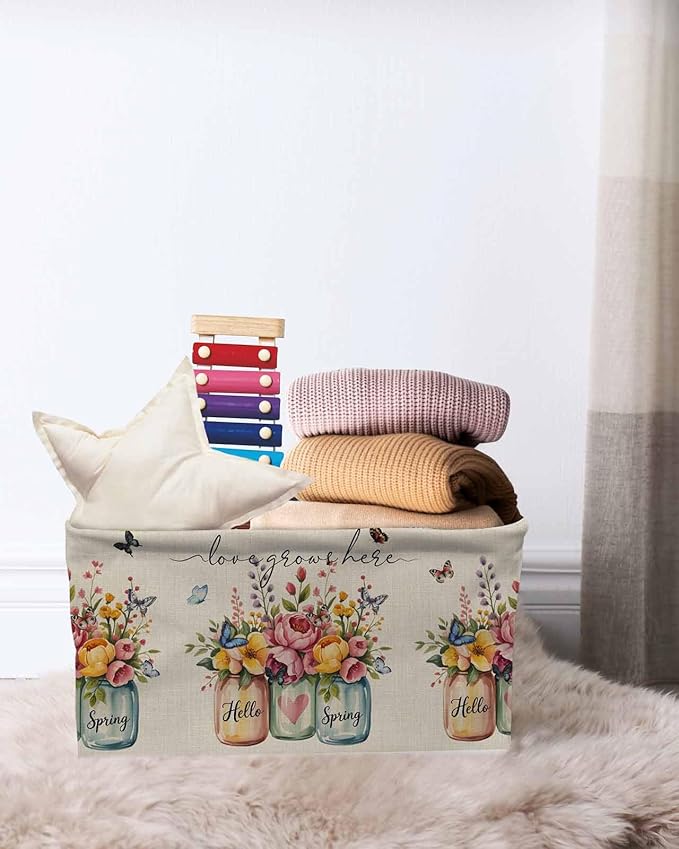 Farmhouse Flowers Storage Bins Cubes Waterproof Cloth Storage Basket,Spring Watercolor Floral Leaf on Linen Foldable Storage Bags for Shelf Clothes Storages Organizers with Handles 15x11x9.5 in 2PCS
