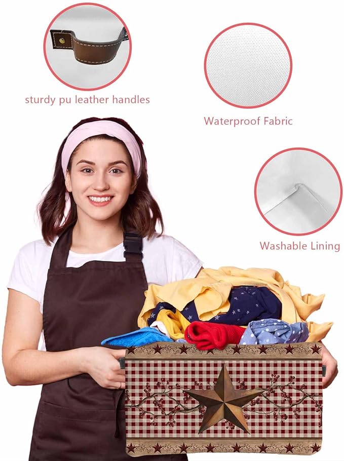 Vintage Texas Star Brown Storage Bins Cubes Waterproof Cloth Storage Basket, Red Plaid Berry Farmhouse Foldable Storage Bags for Shelf Closet Clothes Storages Organizers with Handles 15x11x9.5 in 2PCS