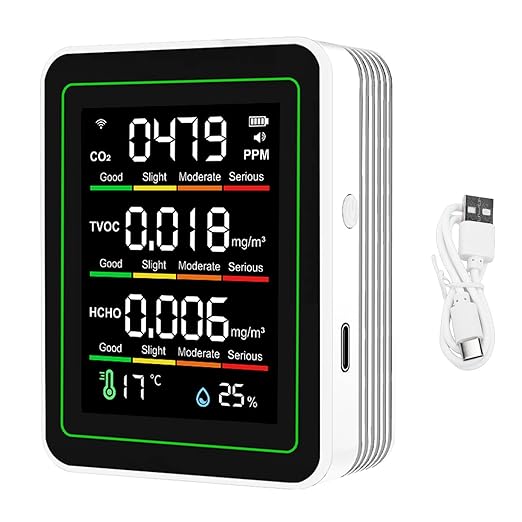 Jeffergarden Air Quality Meter, 5 in 1 WiFi CO2 TVOC HCHO Temperature Humidity Detector with APP Control for Smart Home, Indoor Portable Air Quality Monitor