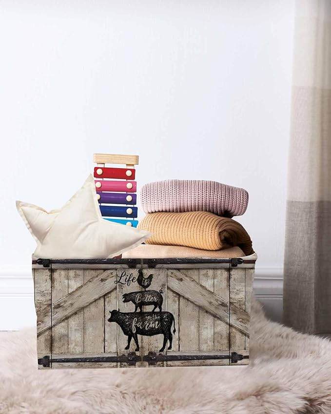 Farmhouse Animals Storage Bins Cubes Waterproof Cloth Storage Basket, Rooster Pig Cattle Brown Wooden Plank Foldable Storage Bags for Shelf Closet Clothes Organizers with Handles 15x11x9.5 in 2PCS