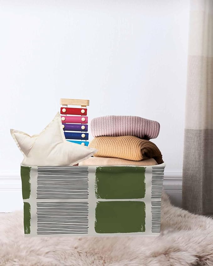 Sage Green Storage Bins Cubes Waterproof Cloth Storage Basket,Modern Painting Farmhouse Striped Abstract Art Foldable Storage Bags for Shelf Clothes Storages Organizers with Handles 15x11x9.5 in 1PCS